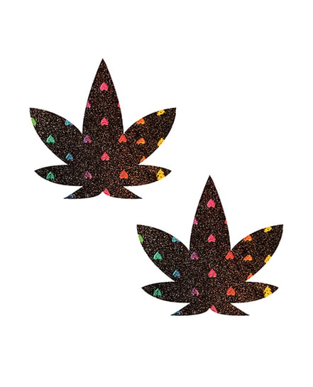 Neva Nude Holographic Heart Glitter Weed Leaf Pasties – Black/Red O/S by Neva nude product image
