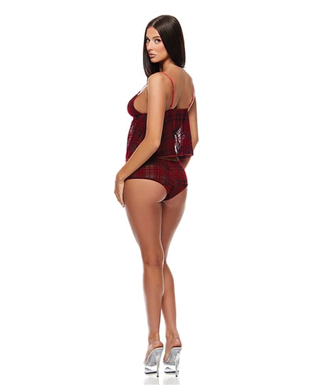 Velvet Lines Mesh Cami & Boy Short 2 pc Set - Red/Black SM - Red/Black Large