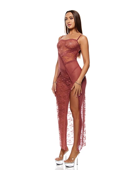 Patch of Petals Sheer Mesh and Lace Gown w/Thong 2 pc Set - Mauve SM - Mauve Small
