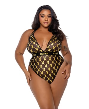 Playboy Bunny Gold Foil Halter Teddy – Black/Gold MD – Black/Gold 2X by Playboy by Roma product image