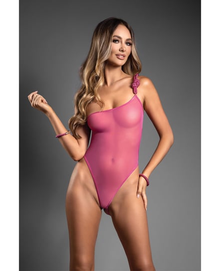 Domina One-Shoulder Sheer Mesh Teddy w/Rope Cuffs - Pink Medium, Large