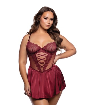 Lace & Satin Babydoll w/Crisscross Detail – Wine – Burgundy 2X by Roma Confidential product image