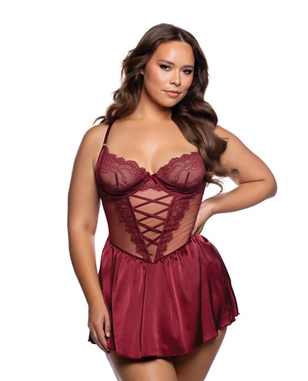 Lace & Satin Babydoll w/Crisscross Detail – Wine – Burgundy 2X by Roma Confidential product image