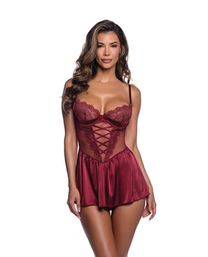 Lace & Satin Babydoll w/Crisscross Detail – Wine – Burgundy Large by Roma Confidential product image