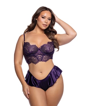 Lace Bralette w/Crisscross Detail & Satin Ruffle Shorts 2 pc Set – Purple 2X by Roma Confidential product image