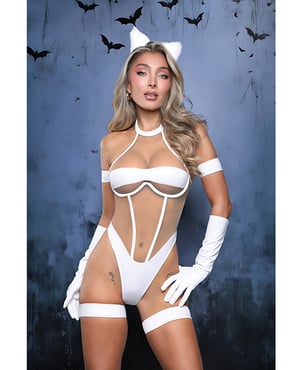 Midnight Purr Sheer Nude Mesh Teddy w/Glove, Armbands, Garters, & Cat Ears – White Medium, Large by Fantasy Lingerie product image