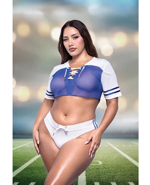 Play The Field Sheer Cropped Jersey w/Lace Up Details & Matching Cheeky Panty – Blue 1X, 2X by Fantasy Lingerie product image