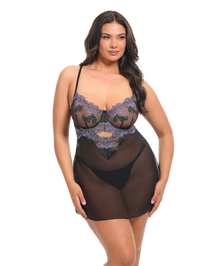 Jenna Floral Embroidered Mesh Unlined Underwire Babydoll w/Keyhole Details & Thong – Purple/Black 1X by Oh la la Cheri product image