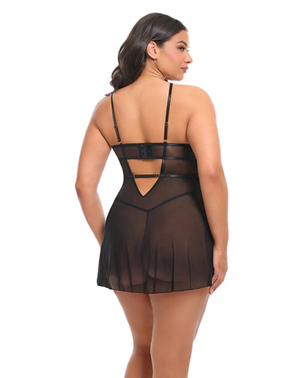 Jenna Floral Embroidered Mesh Unlined Underwire Babydoll w/Keyhole Details & Thong - Purple/Black 1X