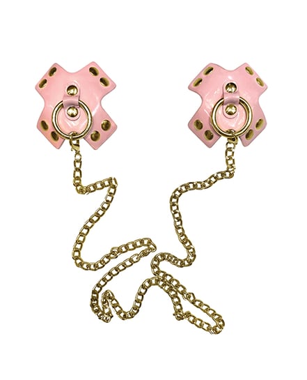 Neva Nude Pierced ‘N Punked Leather & Gold Chain Reusable Silicone Pasties – Pink O/S by Neva nude product image