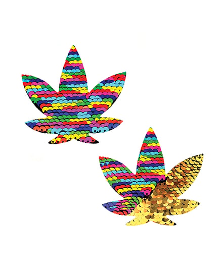 Neva Nude Funfetti Flip Sequin Dope AF Weed Leaf Pasties – Rainbow/Gold O/S by Neva nude product image