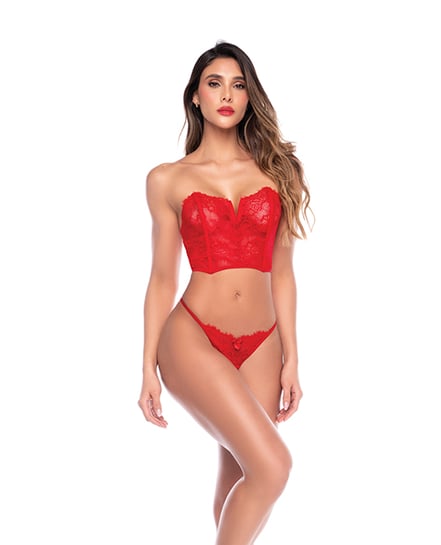 Strapless Bustier w/Lace Up Back & Thong 2 pc Set – Red Small, Medium by Mapale product image