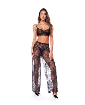 Underwire Lace Bra, Lace Wide Leg Pants, & Thong 3 pc Set – Black SM – Black Large by Mapale product image