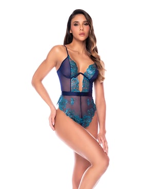 Risk the Feeling Sheer Lace & Mesh Bodysuit w/Back Tie Detail & Snap Crotch – Midnight – Blue Large, XLarge by Mapale product image