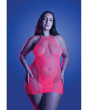 Back It Up Fishnet Halter Dress in Floral Knit – Neon Pink One Size Queen by Fantasy Lingerie product image