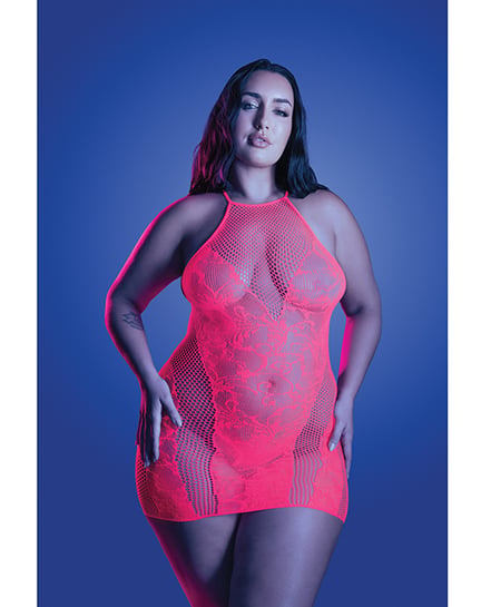 Back It Up Fishnet Halter Dress in Floral Knit – Neon Pink One Size Queen by Fantasy Lingerie product image