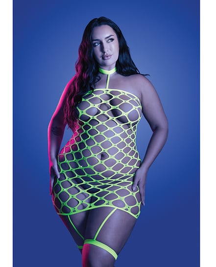 Warning Sign Gartered Fishnet Dress w/Rhinestone Detail – Neon Green One Size Queen by Fantasy Lingerie product image