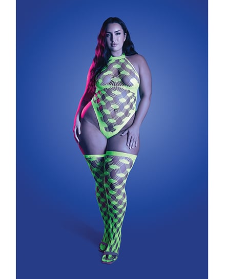 Adrenaline Halter Teddy & Stockings in Geometric Rhinestone Diamond Fishnet – Neon Green One Size Queen by Fantasy Lingerie product image