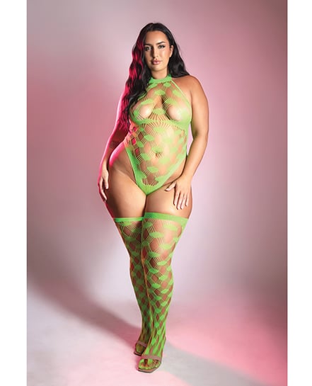Adrenaline Halter Teddy & Stockings in Geometric Rhinestone Diamond Fishnet - Neon Green One Size Queen