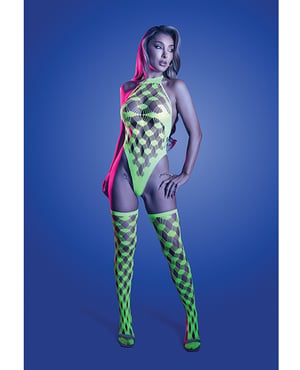 Adrenaline Halter Teddy & Stockings in Geometric Rhinestone Diamond Fishnet – Neon Green One Size Fits Most by Fantasy Lingerie product image