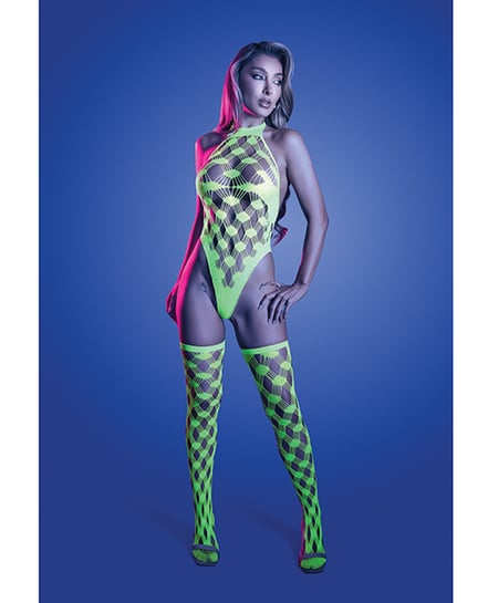 Adrenaline Halter Teddy & Stockings in Geometric Rhinestone Diamond Fishnet – Neon Green One Size Fits Most by Fantasy Lingerie product image