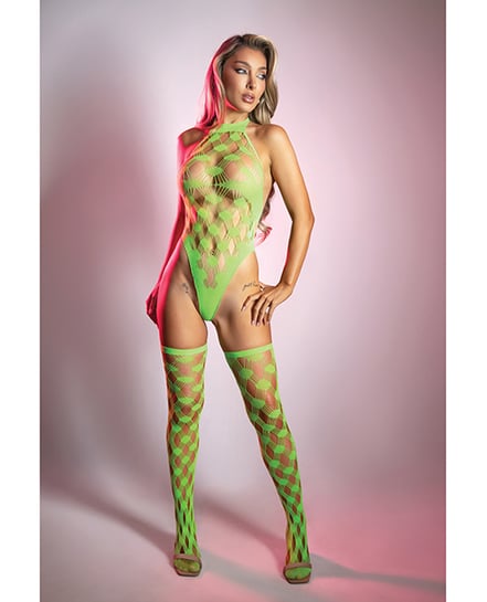 Adrenaline Halter Teddy & Stockings in Geometric Rhinestone Diamond Fishnet - Neon Green One Size Fits Most
