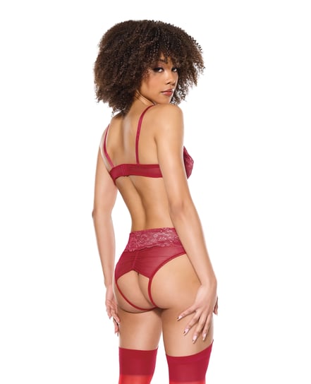 Metallic Stretch Lace Underwire Bra w/Crotchless Garter Panty - Red MD - Red Medium