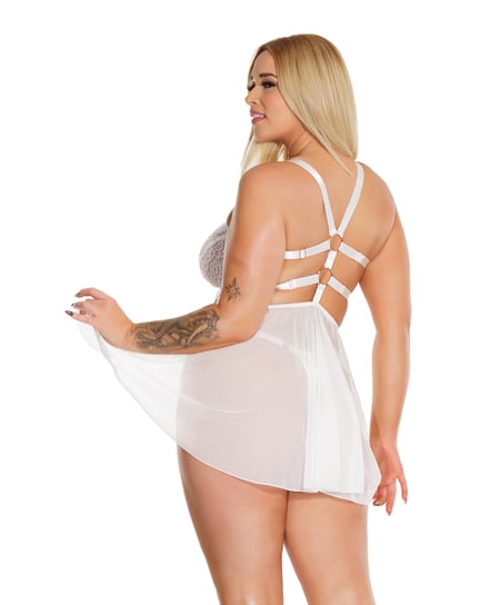 Black Label Net & Scallop Lace Babydoll w/Side Slit & Thong White OS/XL