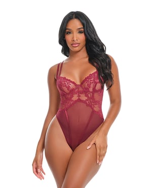 Marisol Lace & Mesh Unlined Underwire Teddy – Zinfandel – Burgundy Large, XLarge by Oh la la Cheri product image
