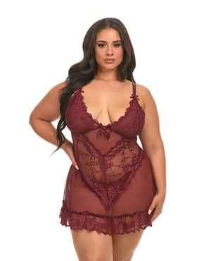 Valentine Lace Babydoll w/Bows & G-Sting – Zinfandel SM – Burgundy 1X, 2X by Oh la la Cheri product image
