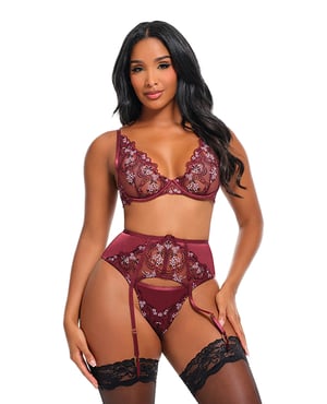 Eloise Floral Embroidered Unlined Underwire 3 pc Set – Burgundy SM – Burgundy Medium by Oh la la Cheri product image