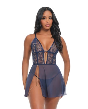 Bleu Floral Embroidered V-Plunge Babydoll w/Chain Tassel, Chain Garter, & G-String – Navy SM – Navy Small by Oh la la Cheri product image