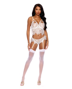 Victoria Eyelash Lace Underwire Bralette w/Garter Panty 2 pc Set – White SM – White Small by Elegant Moments product image
