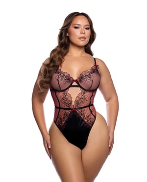 Floral Lace Underwire Cut Out Teddy – Black/Wine – Black/Red 2X by Roma Confidential product image