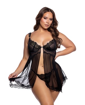 Lace & Mesh Open Front Babydoll – Black 1X, 2X by Roma Confidential product image