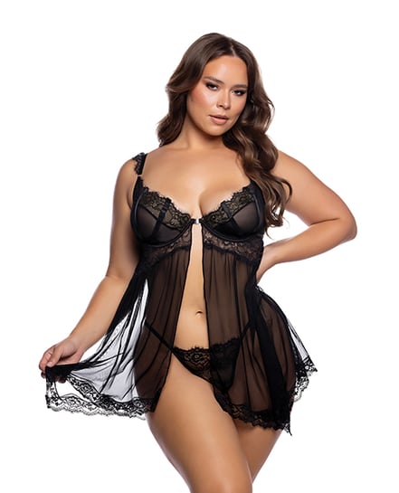 Lace & Mesh Open Front Babydoll – Black 1X, 2X by Roma Confidential product image