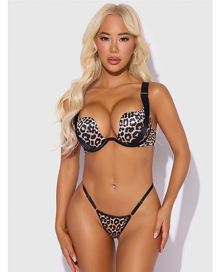 Devon Push Up Bra w/Harness & G-String 3 pc Set - Leopard MD - Leopard Medium