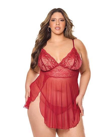 Crimson Luxe Lace & Mesh Babydoll w/G-String – Red One Size Queen by Coquette product image