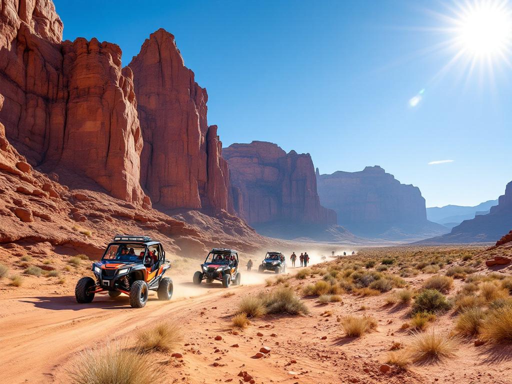 A lively scene of desert adventures Las Vegas featuring outdoor activities, scenic views, and guided tours in the arid landscape.