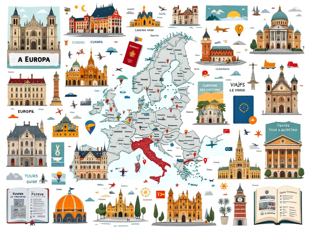 Imagen que ilustra requisitos, tours y consejos para viajes a Europa, mostrando elementos visuales como mapas y maletas.