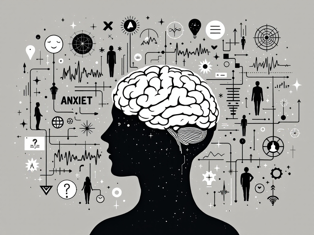 Une image représentant l'anxiété à travers un cerveau et des symboles, explorant ses formes et symptômes.