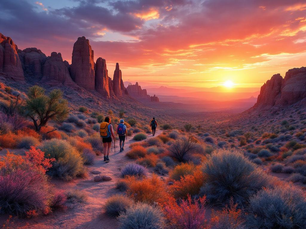 A stunning sunset over the desert, illustrating the best times for desert adventures las vegas with hikers in the foreground.