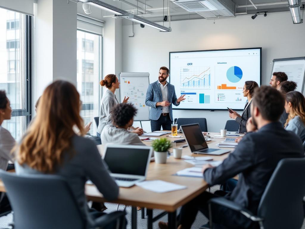 An engaging image showcasing an OKR training certification session with diverse participants and interactive learning elements.