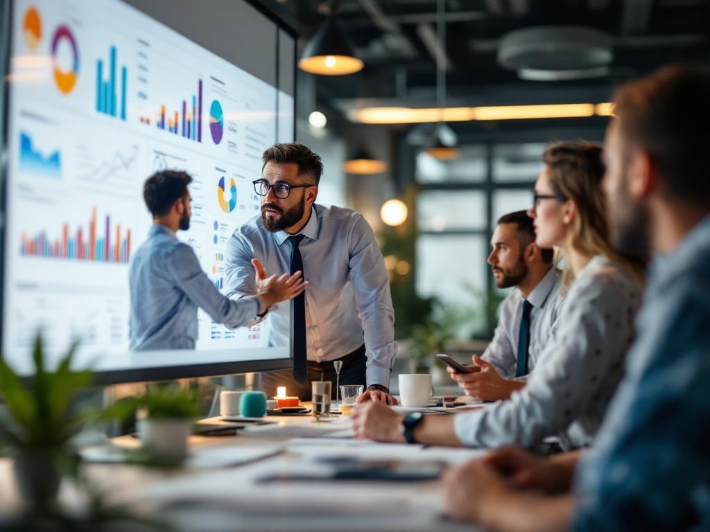 An illustration depicting okr training for managers focused on measuring success and improvement through charts and team collaboration.