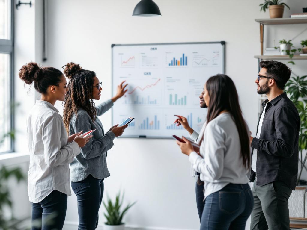 A team evaluating success metrics after OKR training, showcasing charts and discussions on performance impact.