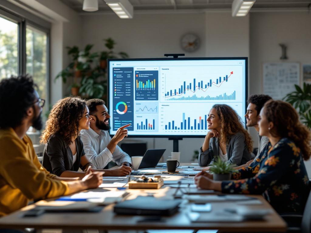 An engaging workshop scene showcasing participants in okr training courses analyzing performance metrics and growth charts.