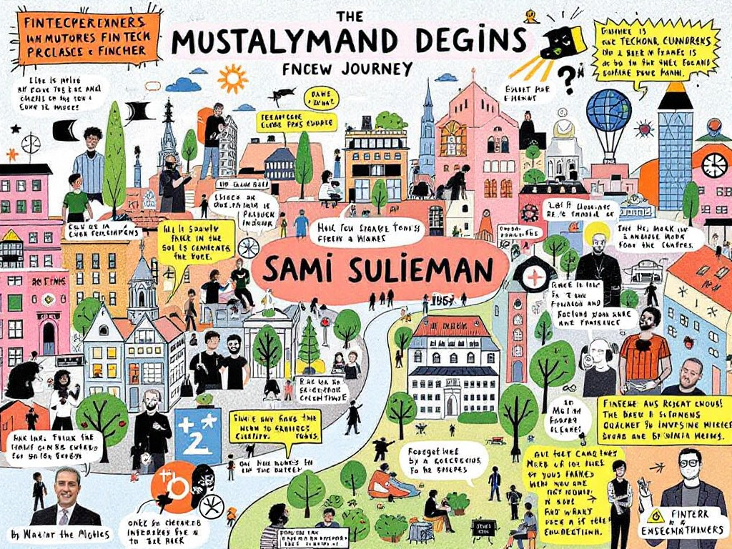 Sami Sulieman's journey from Rosengård to fintech innovation and entrepreneurship challenges illustrated in a colorful collage.