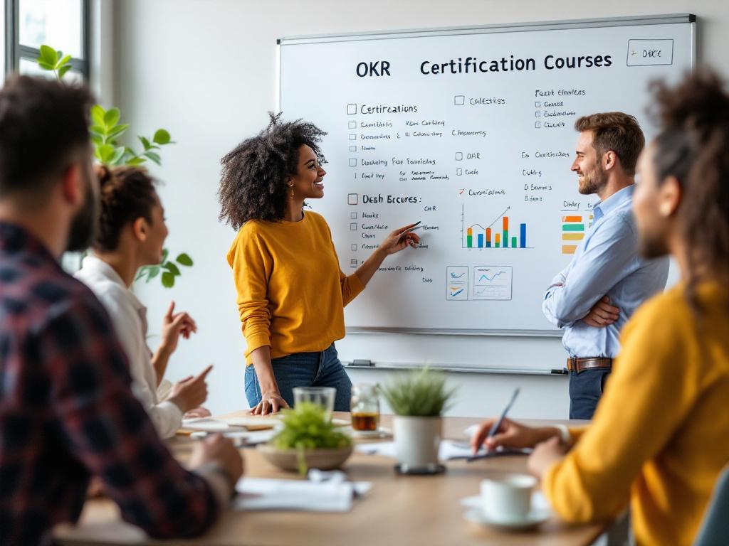 An informative scene showcasing a group evaluating options for OKR training certification courses with charts and materials.