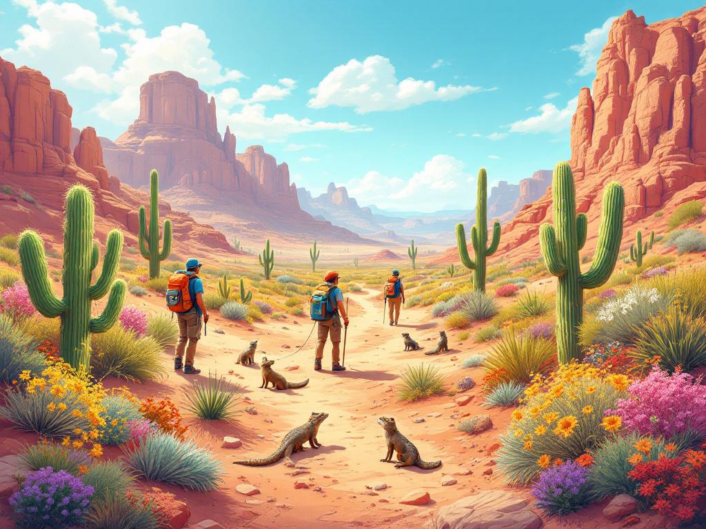 An engaging scene showcasing unique wildlife and essential gear for desert adventures las vegas with safety tips highlighted.