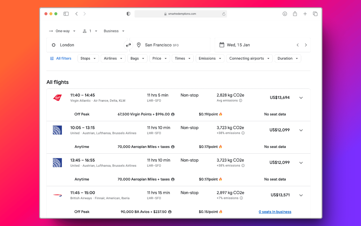 Desktop view showing detailed flight information